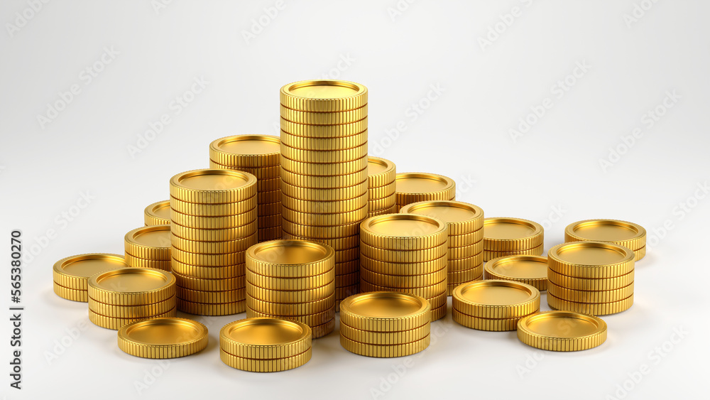 well-arranged stack of golden coins on white background, 3D rendering well-arranged stack of golden coins on white background, 3D rendering