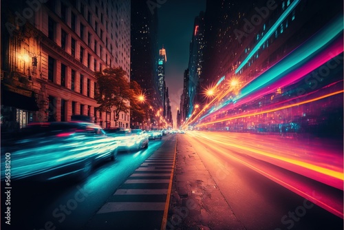 City street at night with colorful light trails - Generative AI image