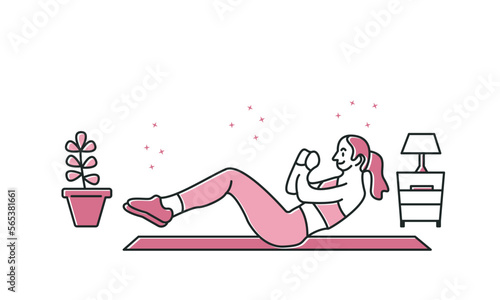 Illustration of exercise at home. Collection of scenes of women exercising at their homes. Trend vector style.