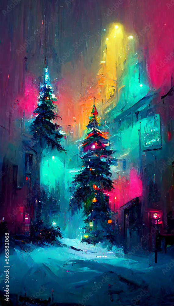 christmas snow christmas tree colorful neon lights illustration Generative AI Content by Midjourney