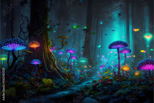 Fantastic forest landscape with bioluminescent mushrooms. Mystical forest at night as wallpaper. Generative AI