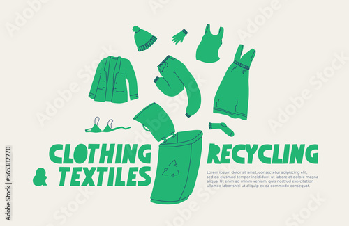 Clothing recycling. A poster calling for the recycling of clothing, footwear and textiles. Vector trend flat illustration.