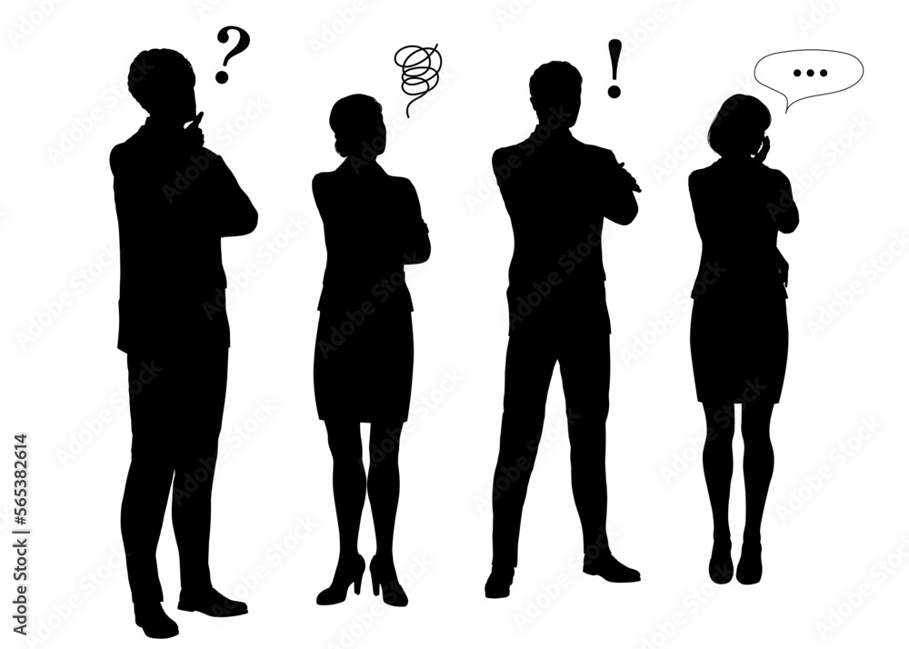 悩む・考える・ひらめくビジネスパーソンのシルエットイラストセット(吹き出し付き・男女・正面)