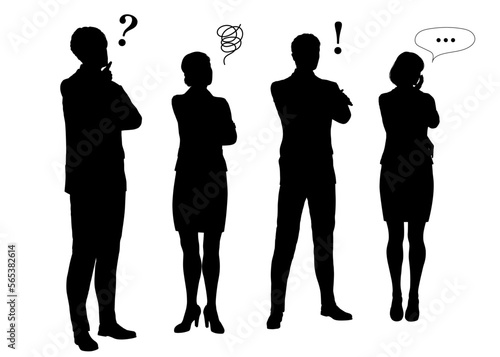 Obraz na płótnie 悩む・考える・ひらめくビジネスパーソンのシルエットイラストセット(吹き出し付き・男女・正面) w salonie