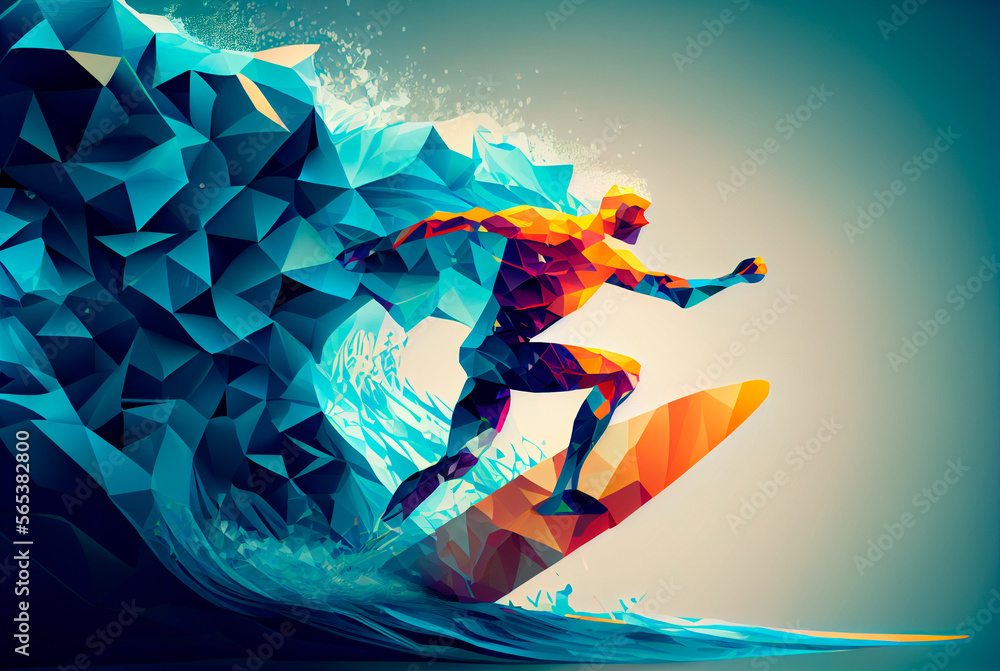 generative AI illustration of a abstract concept of a surfer composed of colored polygons.