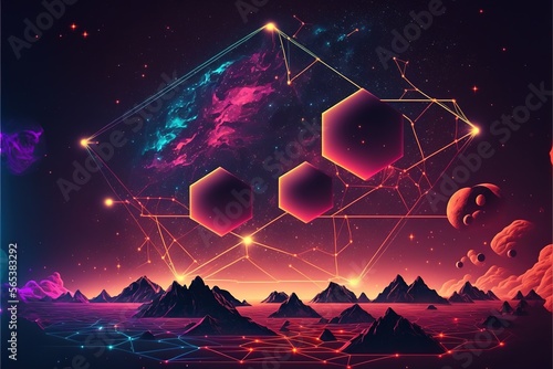 Polygons and intricated lines on a sinthwave universe background - Generative AI image photo