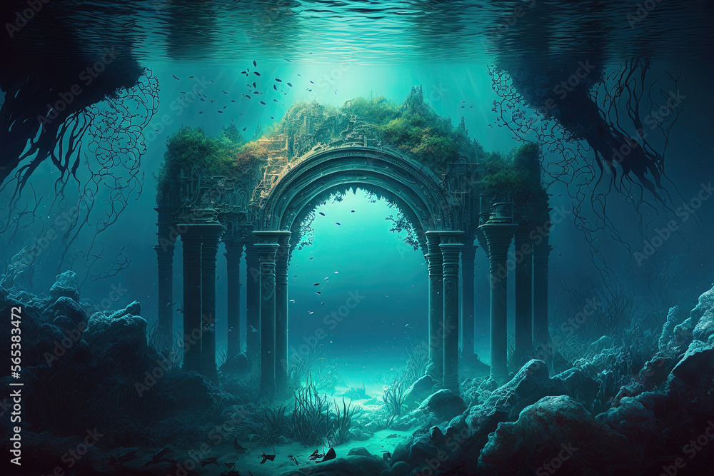 Fantasy underwater seascape with lost city. Generative AI - obrazy, fototapety, plakaty 
