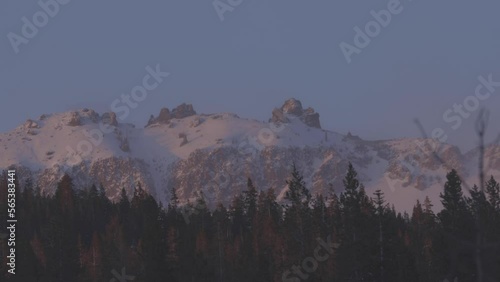 Mountain peaks in pink sunset light while trees in the foreground blow in the wind.  Shot in California in 4K photo