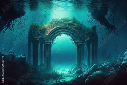 Fantasy underwater seascape with lost city. Generative AI photo