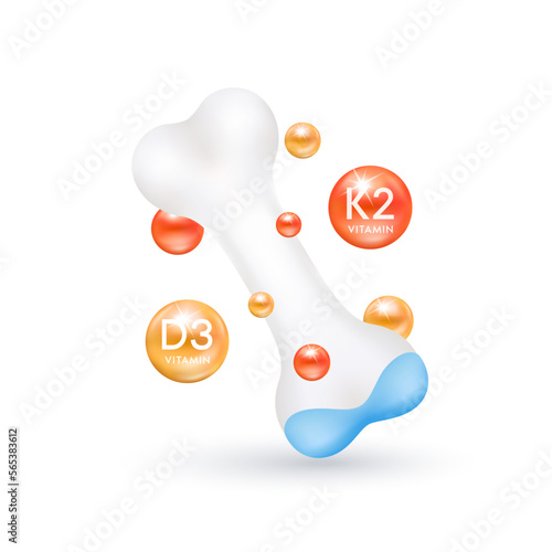 Orange vitamin D3 K2 and Bone healthy fall to the ground. Cartilage model isolated on white background. Vitamins minerals care knee joint. Medical concept. Realistic 3D vector.