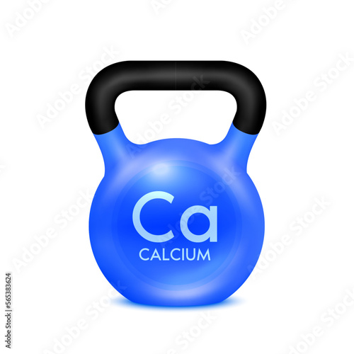 Blue calcium kettlebell isolated on white background. Fitness gym. Barbell equipment for bodybuilding and workout. Sport supplement and medical science concept. 3d realistic vector illustration.
