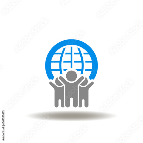 Vector illustration of people group or child and earth planet. Icon of peace. Symbol of kindness, charity. Sign of sovereignty.
