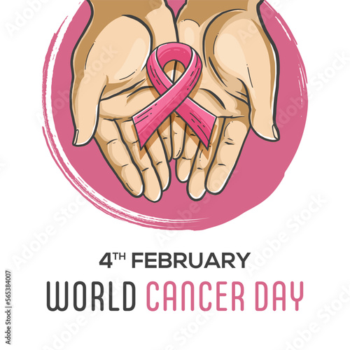 Hand drawn world cancer day vector design with hand holding ribbon illustration for campaign