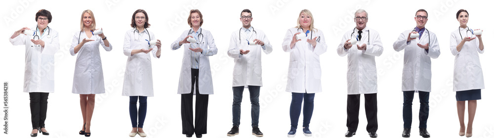 group of doctors holding jar isolated on white group of doctors holding jar isolated on white