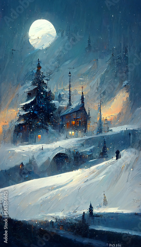 Christmas snow on a cold night illustration Generative AI Content by Midjourney