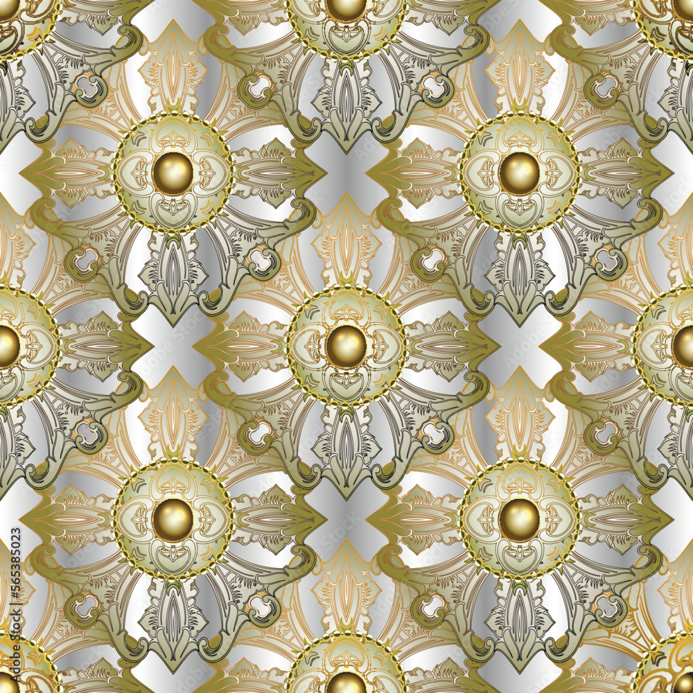 3d jewelry luxury seamless pattern. Gold Baroque. Surface 3d gemstones. Royal vector background. Vintage beautiful floral ornaments in Baroque Victorian style. Modern ornate design. Endless texture