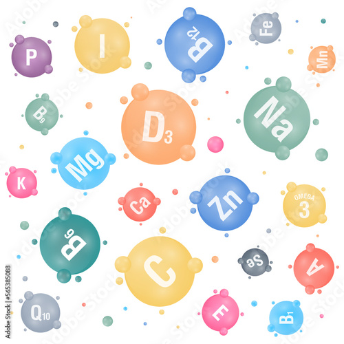 Set of multi vitamin mineral complex icons. Vitamin A, B group B1, B6, B9, B12, C, D, D3, E, K, K1 and mineral Mg, Mn, Na, Se, Fe, P, I, Ca, Zn. Omega 3, q10 pills capsules. Vector illustration