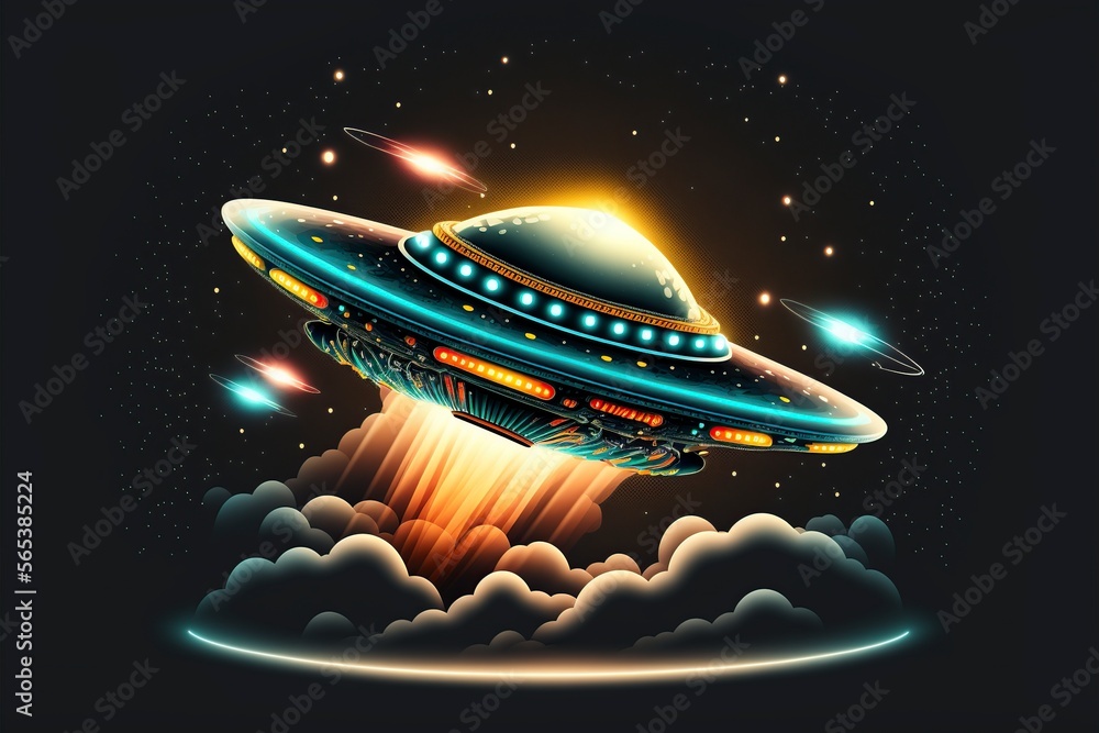 cartoon illustration of a UFO flying saucer or spaceship taking off ...