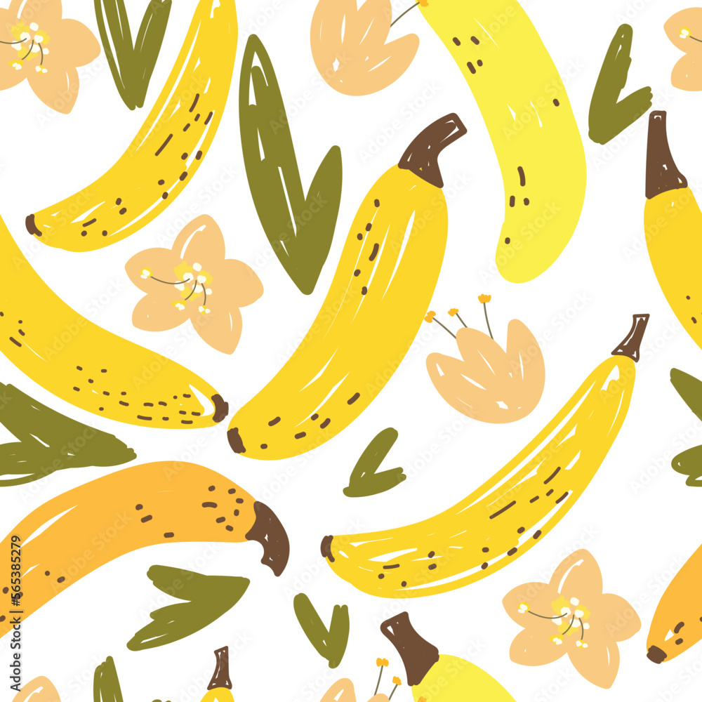 Seamless stylish pattern with hand-drawn bananas, flowers, leaves.