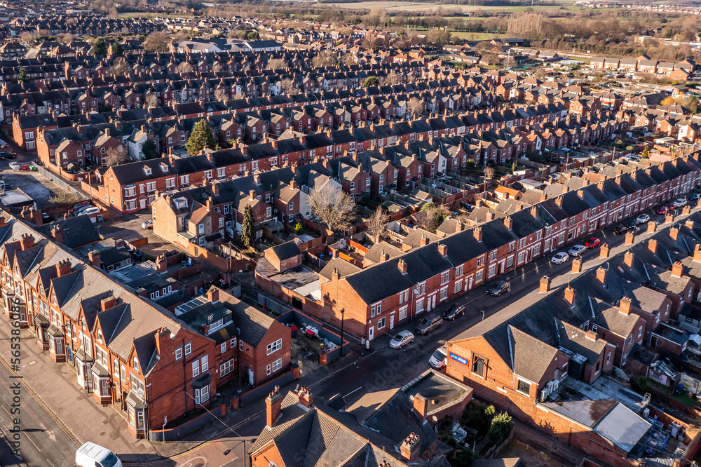 Aerial view of the rooftops of a block of back to back terraced houses in the North of England