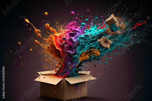 Cardboard box package surprise idea with colorful splash ink. Creative concept of out of the box thinking. Generative AI photo