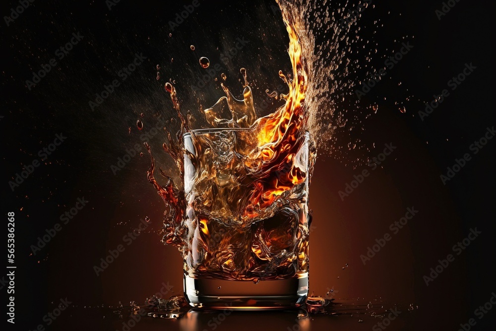 Whiskey or Rum Splashing out of a Glass on Black background and reflections. slow motion Alcohol luxury. Generative AI Whiskey or Rum Splashing out of a Glass on Black background and reflections. slow motion Alcohol luxury. Generative AI