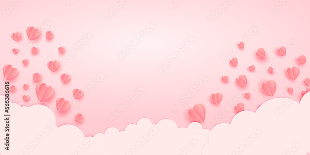 Paper elements in shape of heart flying on pink background with cloud. Vector symbols of love for Happy Women's, Mother's, Valentine's Day, birthday greeting card design.