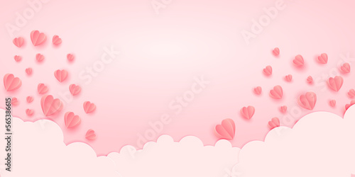 Fototapeta Naklejka Na Ścianę i Meble -  Paper elements in shape of heart flying on pink background with cloud. Vector symbols of love for Happy Women's, Mother's, Valentine's Day, birthday greeting card design.