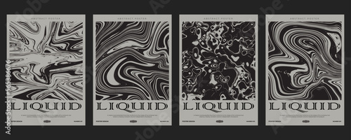 Black and white poster design with liquid and curve ink lines, abstract geometric shapes and place for text. Techno futuristic style for banner, flyer, invitation, business card, and t-shirt