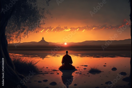 Meditation at sunset. Generative AI
