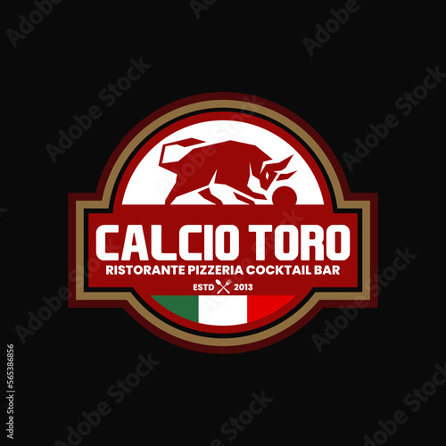 vintage retro classic luxury vector of bull toro bison cow longhorn playing football with stamp label badge emblem suitable for italian cuisine restaurant pizza pizzeria mocktail cafe bar logo design