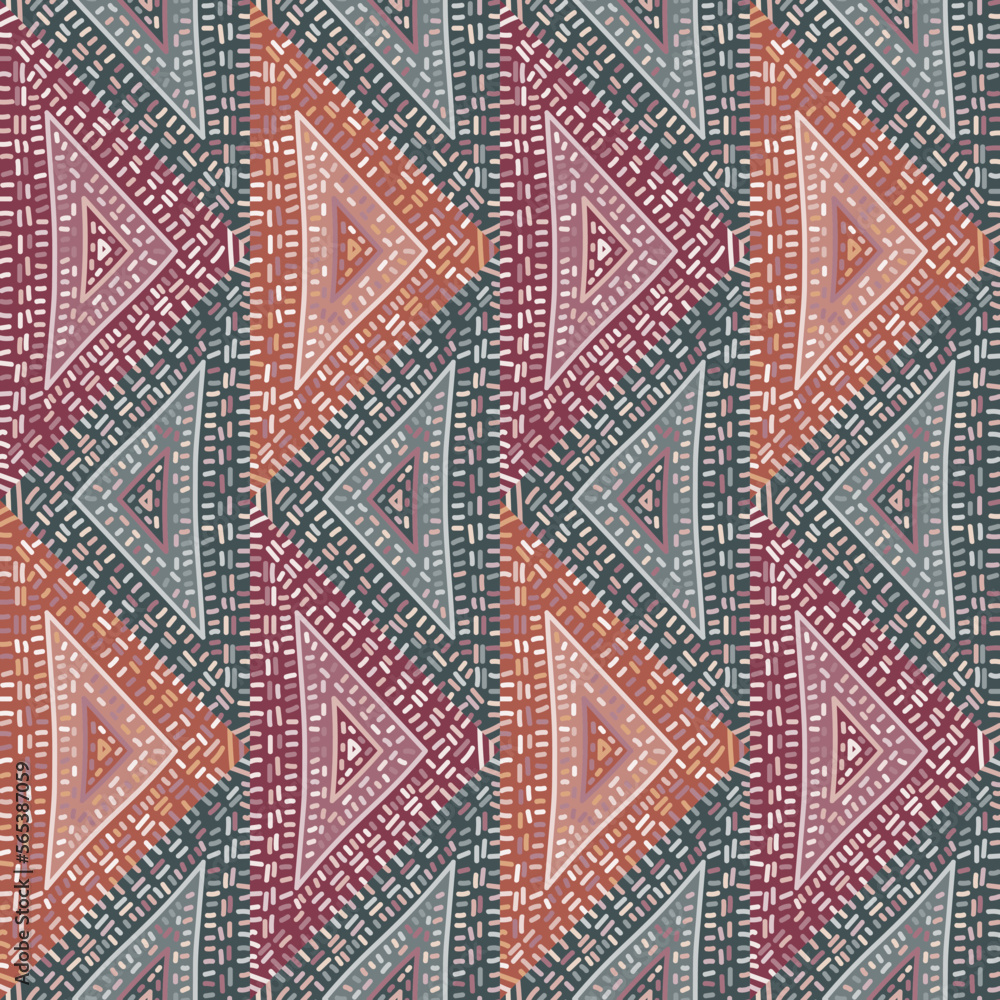 Freehand dash line mosaic seamless pattern. African embroidery ornament. Vintage boho tile. Abstract geometric ethnic wallpaper.