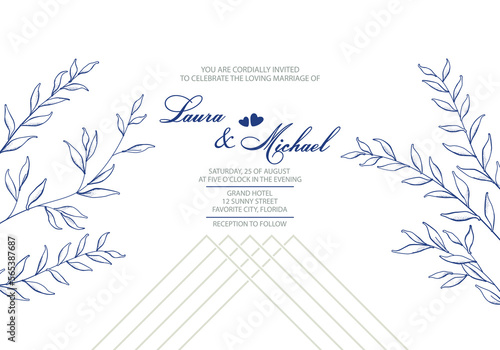 Card, template for the invitation. Curved blue branches on a white background with geometric lines. Invitation to a wedding or other holiday. Vector illustration.