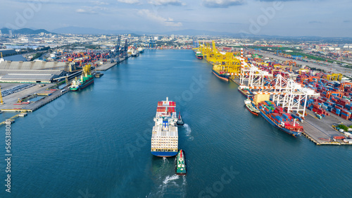 Photography Stern of cargo ship carrying container and running for import goods from cargo yard port to custom ocean concept technology transportation , customs clearance