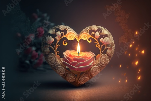 Valentine's Day background with candlelight rose heart card, copy space. Generative AI