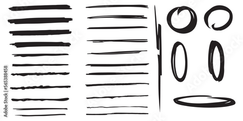Bundle of different ink brush strokes. rectangle, square and round freehand drawings. Ink splatters, grungy painted lines, artistic design elements. Vector paintbrush set.