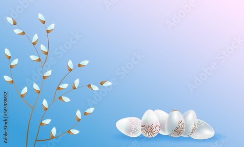 Easter background, banner with decorative mother-of-pearl eggs with gold and silver inlay and pussy willow branches on a light blue-pink background with copy space