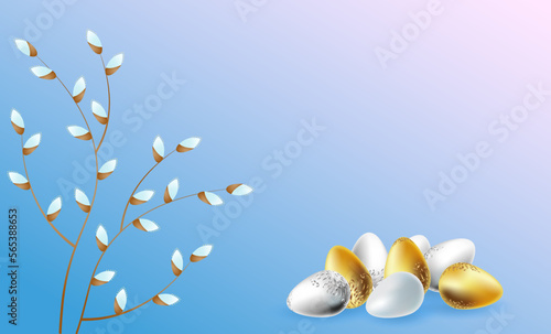 Easter background, banner with decorative gold and silver eggs and pussy willow branches on a light blue-pink background with copy space