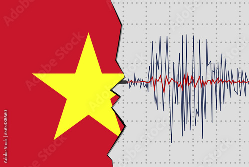 Earthquake in Vietnam, natural disasters news banner idea, seismic wave with flag