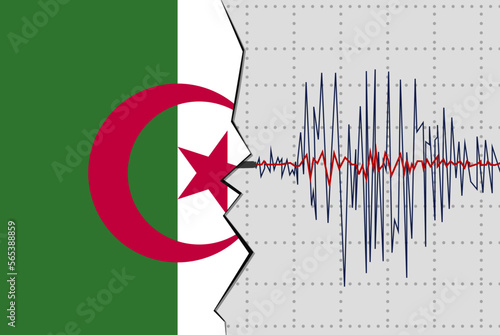 Earthquake in Algeria, natural disasters news banner idea, seismic wave with flag
