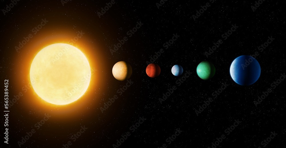 Model of an extrasolar star system with terrestrial exoplanets and gas giants. Sun and planets.
