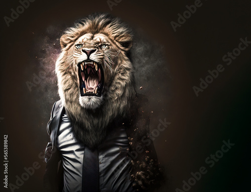 Fotografia, Obraz Mad roaring lion, dressed up like business man