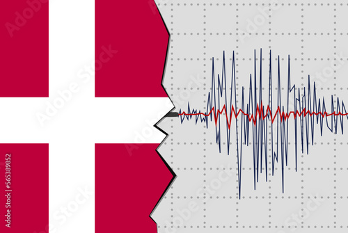 Earthquake in Denmark, natural disasters news banner idea, seismic wave with flag