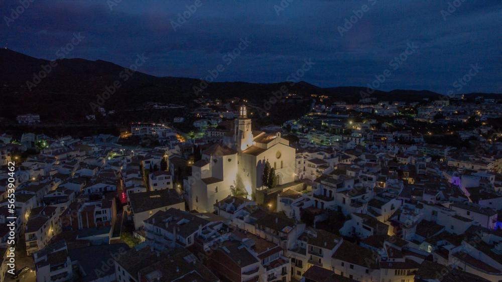 night view from the air of the fishing village of Cadaques