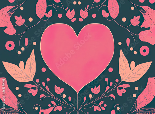 Big, pink heart with floral green background. Valentine background wallpaper with room for style and text.