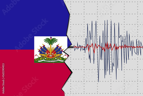 Earthquake in Haiti, natural disasters news banner idea, seismic wave with flag