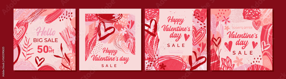 Naklejka premium 4 abstract templates for Valentine's Day on a pink background. The combination of elements, hearts and flowers perfectly complement each other. This design is perfect for advertising, greetings more..