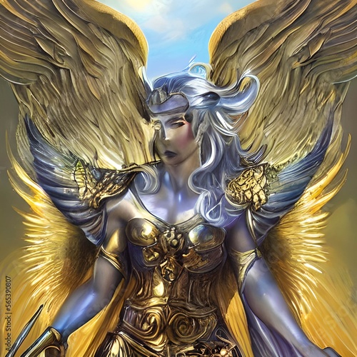 The female knight is clad in armor with angel wings on the back gleaming