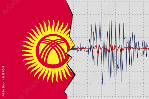 Earthquake in Kyrgyzstan, natural disasters news banner idea, seismic wave with flag