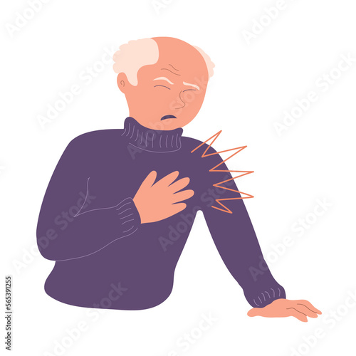 Elderly man with heart pain. Acute attack of myocardial infarction or angina pectoris. Heart disease. Flat vector illustration isolated on white background